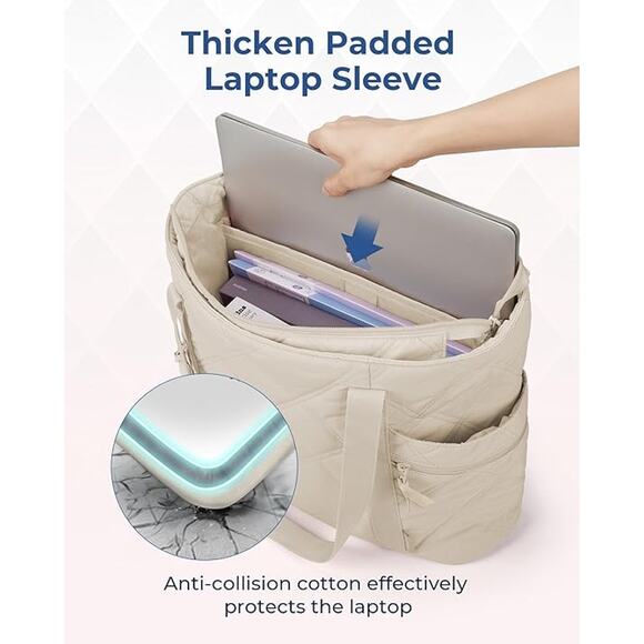 Cream Quilted Nylon Laptop Tote – Lightweight Everyday Shoulder Bag Zip Pockets - Picture 4 of 5